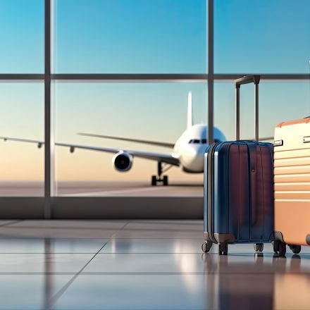 Airport journey. Spacious terminal with travelers luggage and bags departure and arrival. Scene captures bustling of air travel showcasing passengers suitcases and backpacks on airport floor