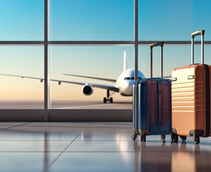 Airport journey. Spacious terminal with travelers luggage and bags departure and arrival. Scene captures bustling of air travel showcasing passengers suitcases and backpacks on airport floor