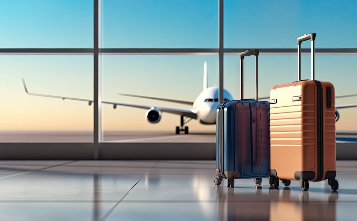 Airport journey. Spacious terminal with travelers luggage and bags departure and arrival. Scene captures bustling of air travel showcasing passengers suitcases and backpacks on airport floor